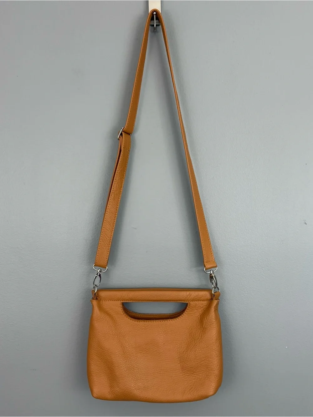 Elophina Purse Cognac Tan Pebbled Leather Purse Crossbody Clutch Bag Made In USA